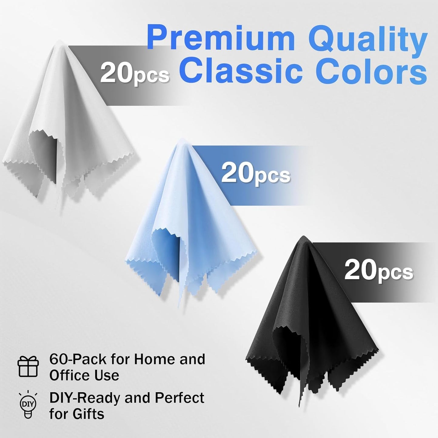 60-Pack Microfiber Cleaning Cloths for Glasses, 6x7 Inch Premium Lens Cleaning Cloth for Screens, Cameras, Eyeglasses, Cell Phone, LCD TV Screens,Black,Grey and Light Blue