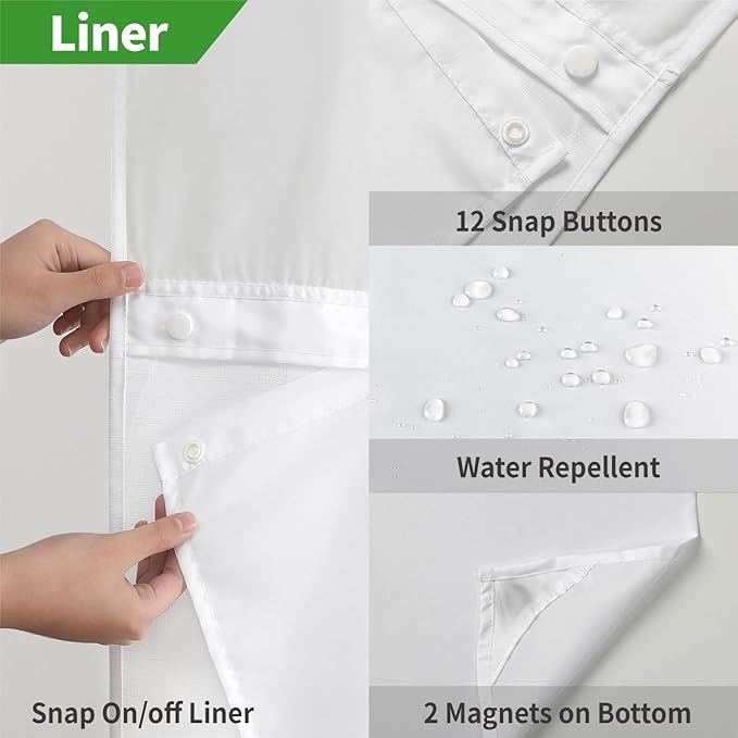 Stall No Hooks Needed Linen Textured Shower Curtain with Snap-in Fabric Liner Set,Hotel Luxury Decor Shower Curtains for Bathroom,Waterproof & Washable,54Wx74H,White