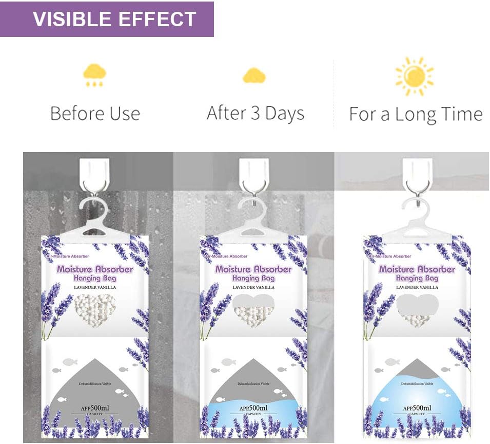 CANAGER Hanging Moisture Absorber, Lavender Vanilla Moistureproof Hanging Bag,Dehumidifier Bag (8 packs) Hanging Closet Dehumidifier Bags, Moisture Absorb 12.5 oz