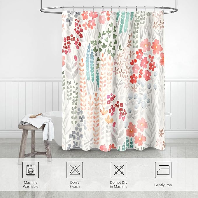 Extra Long Shower Curtain 72 x 84 Inch, Tall Cute Floral Shower Curtain for Bathroom, Retro Red Teal Wildflower Boho Cottagecore Fabric Shower Curtain Set with Hooks