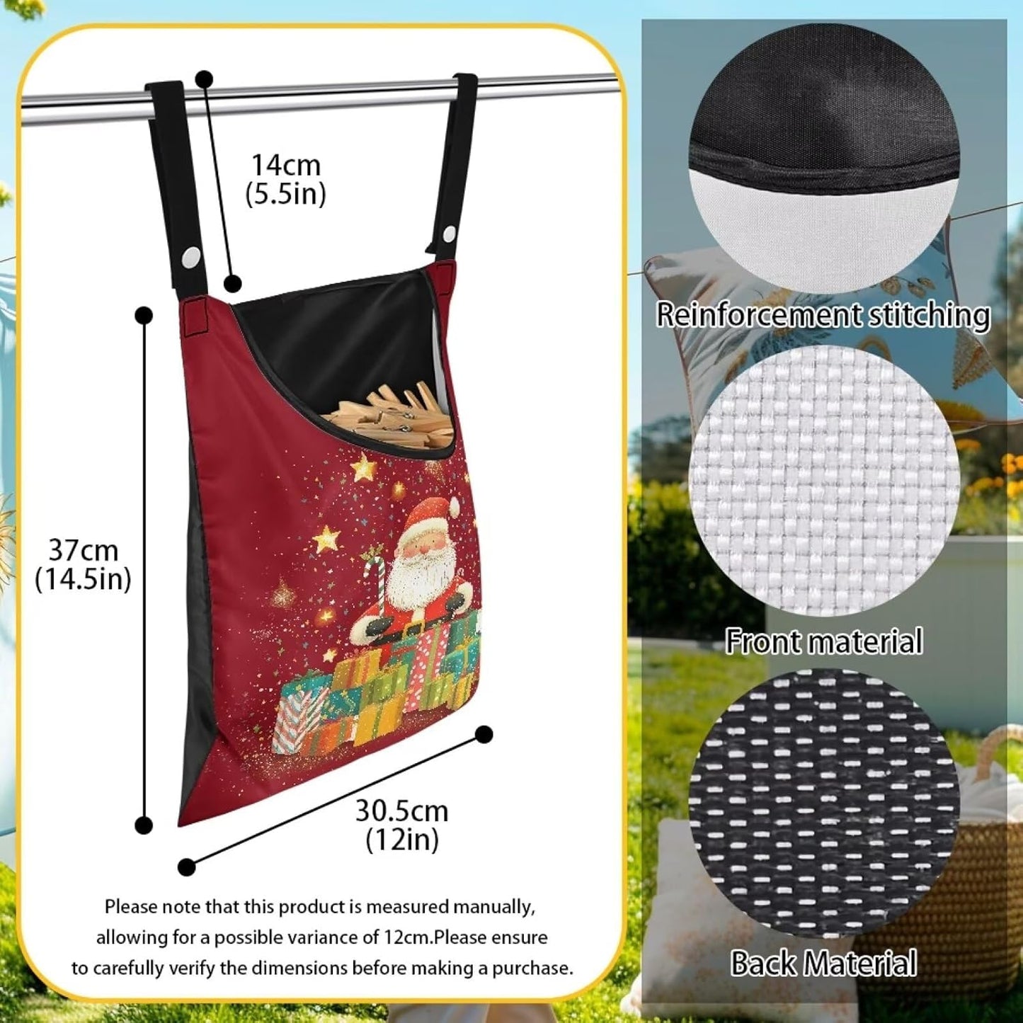 Christmas Santa Claus Clothespin Organizer Bag Shell Beach Clothespin Bags with Hanging Hook Waterproof Clothes Pin Storage Organizer with Large Opening Clothespin Bag