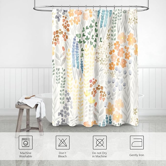 Long Shower Curtain 72 x 78 Inch, Tall Cute Floral Shower Curtain for Bathroom, Orange Wildflower Boho Cottagecore Fabric Shower Curtain Set with Hooks