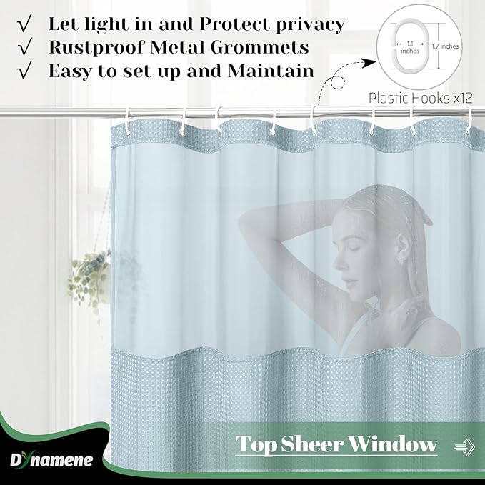 Dynamene Extra Long Shower Curtain, 84 Inch Long Waffle Fabric Shower Curtain for Bathroom, Tall Waterproof Cloth Shower Curtain Liner Set with Hook, Snap in Liner, Mesh Top Window, Fog Blue, 72x84