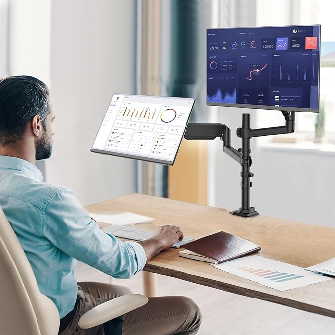 WALI Dual Monitor Mount, 13-32 Inch Adjustable Spring Dual Monitor Arm for Desk Holds Max 19.8 lbs Screens, Swivel Vesa Bracket with C Clamp, Grommet Mounting, Monitor Arms for 2 Monitors (GSDM002)