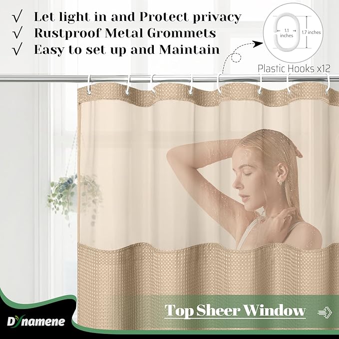 Dynamene Fabric Shower Curtain with Snap in Liner, Beige Waffle Hotel Shower Curtains for Bathroom, Washable Waterproof Cloth Shower Curtain Liner Set with Plastic Hook, Mesh Top Window, 72x72, Beige