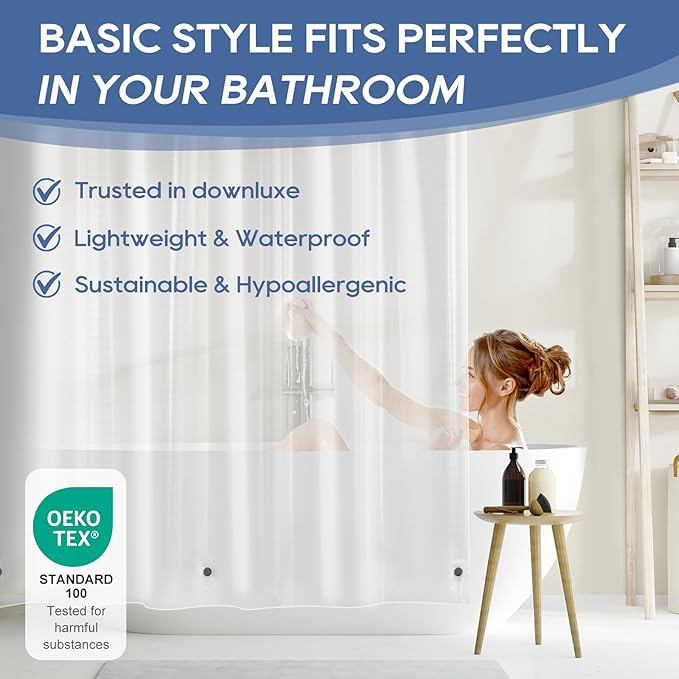 downluxe Clear Shower Curtain Liner with Magnets, PEVA Plastic Shower Liner, 36" W x 72" L Waterproof Lightweight Bathroom Curtain