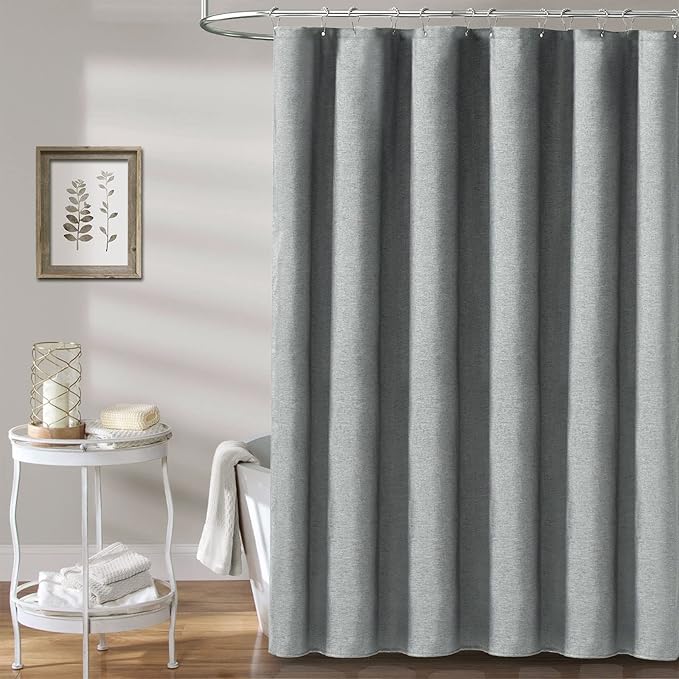 BTTN Fabric Shower Curtain, Linen Textured Heavy Duty Polyester Cloth Shower Curtain Set with Plastic Hooks, Grey, 72x96