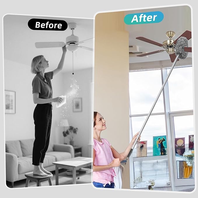 DRQ Ceiling Fan Cleaner Duster, 2 Pack Reusable Microfiber Duster with Extension Pole, 13 to 50 Inch Fan Blade Cleaner, Removable Dusters for Cleaning Walls Bookshelves Door Window Top (Grey)