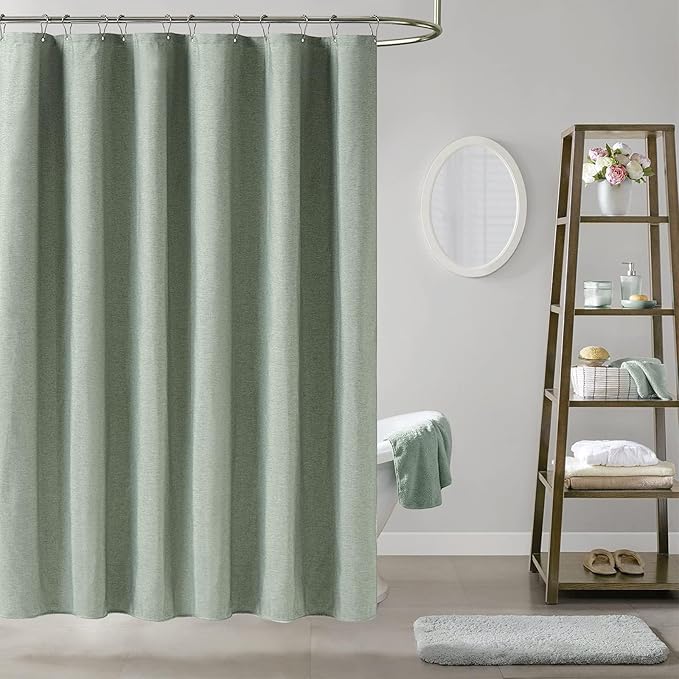 BTTN Stall Fabric Shower Curtain - 60 x 84 Inch Long Linen Textured Heavy Duty Shower Curtain Set with 10 Plastic Hooks, Narrow Decorative Neutral Waterproof Shower Curtains for Bathroom, Sage Green