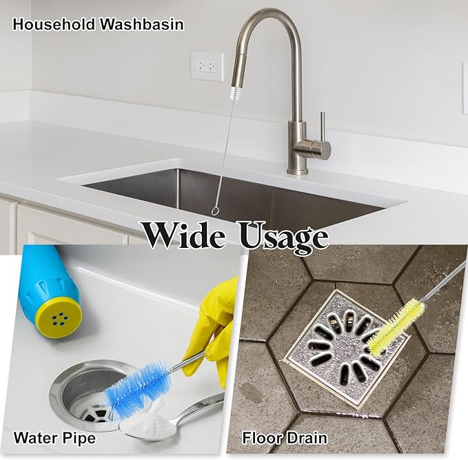 HARFINGTON 3pcs Flexible Long Drain Brush Straw Cleaner Set 35.4" Stainless Steel Double Ended Hose Brush with 8" Nylon Long Tube Pipe Cleaning for Fish Tank Sink Pipe, Yellow