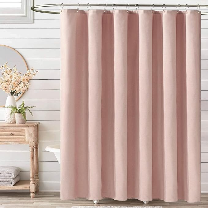 BTTN Fabric Shower Curtain, Linen Textured Heavy Duty Polyester Cloth Shower Curtain Set with Plastic Hooks, Blush, 60x72
