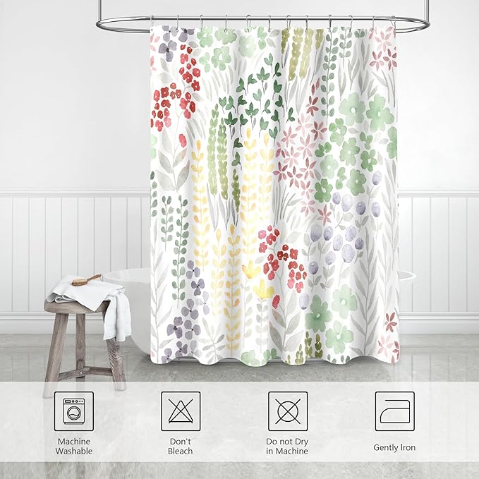 Extra Long Shower Curtain 72 x 96 Inch, Floor to Ceiling X-Long Tall Cute Floral Shower Curtain for Bathroom, Sage Green Wildflower Boho Cottagecore Fabric Shower Curtain Set with Hooks