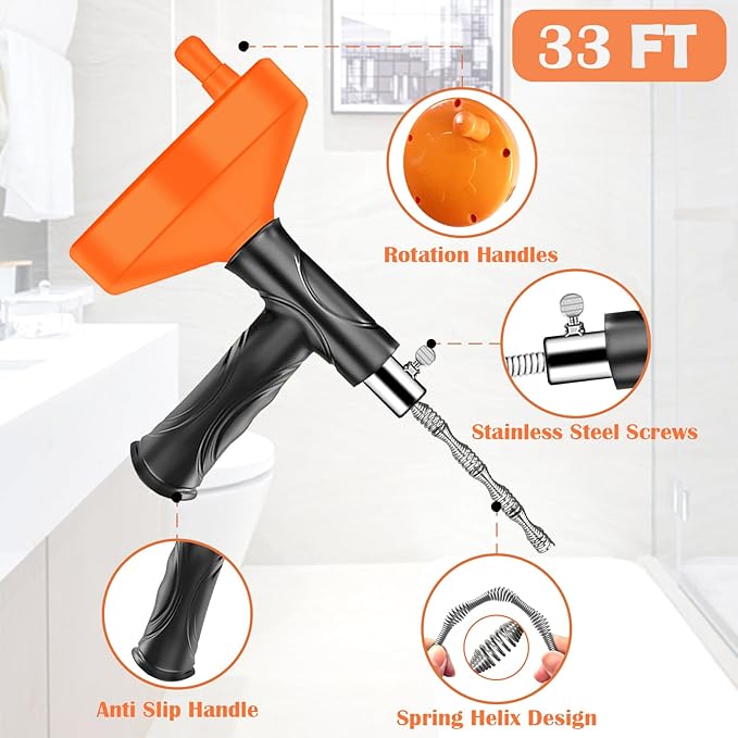 Drain Snake Auger, Plumbing Snake Drain Hair Clog Removal Tool, Heavy Duty Toilet Snake Auger, Sink Unclogger Drain Cleaner Tool for Bathroom Kitchen Tub Shower Drain Clog Remover with Gloves(33 Feet)