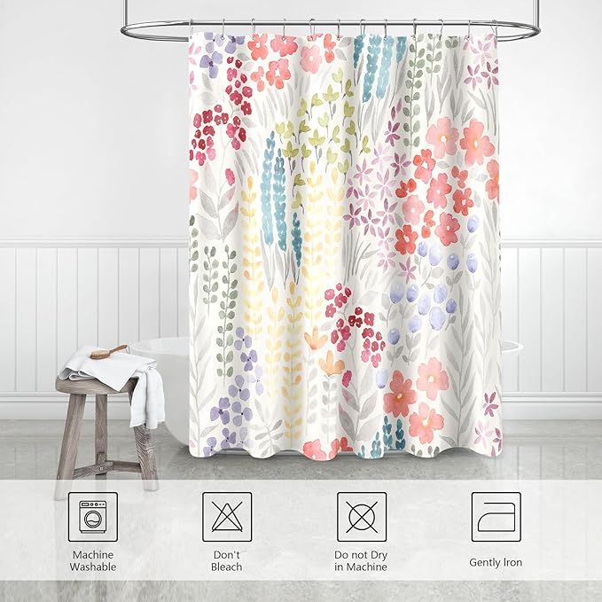 Extra Long Shower Curtain 72 x 84 Inch, Tall Cute Floral Shower Curtain for Bathroom, Colorful Wildflower Boho Cottagecore Fabric Shower Curtain Set with Hooks, Ivory