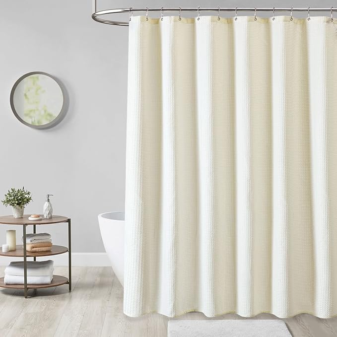 Dynamene Stall Fabric Shower Curtain, 54x78 inch Long Waffle Weave Weighted Thick Cloth Shower Curtains for Bathroom,Neutral Heavy Duty Hotel Spa Luxury Bath Curtain Set with 10 Plastic Hooks,Ivory