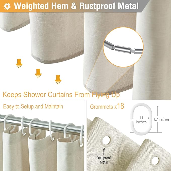BTTN Extra Wide Shower Curtain - 108x72 Inch Linen Textured Waterproof Fabric Shower Curtain Set with 18 Plastic Hooks, Large Modern Decorative Shower Curtains for Bathroom and Bathtub - Light Cream