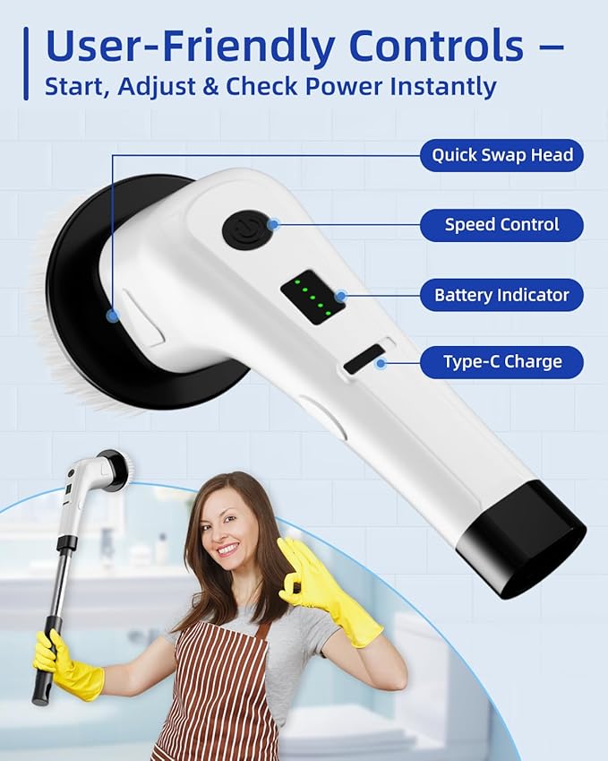 Electric Spin Scrubber with 6 Replacement Brush Heads, Cordless Dual Speed 360/300 RPM Cleaning Brush with 2500mAh Battery for Bathroom, Tub, Tile & Floor Cleaning