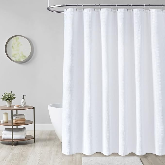 Dynamene Extra Wide Shower Curtain-108 Inch Wide Waffle Weave Weighted Thick Cloth Bathroom Shower Curtain, Neutral Heavy Duty Hotel Bath Curtain Set with 18 Plastic Hooks,108x72, White