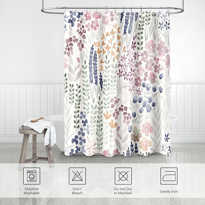 Cute Floral Shower Curtain, Mauve Boho Flower Fabric Shower Curtain, Funky Watercolor Wildflower Shower Curtain Set, Cottagecore Bohemian Bathroom Decor, 72x72