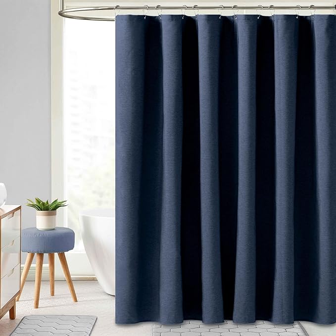 BTTN 60 Inch Fabric Shower Curtain, Stall Linen Textured Waterproof Heavy Duty Cloth Shower Curtain Set with 10 Plastic Hooks, Narrow Hotel Luxury Washable Bath Curtains for Bathroom, 60x72, Navy Blue
