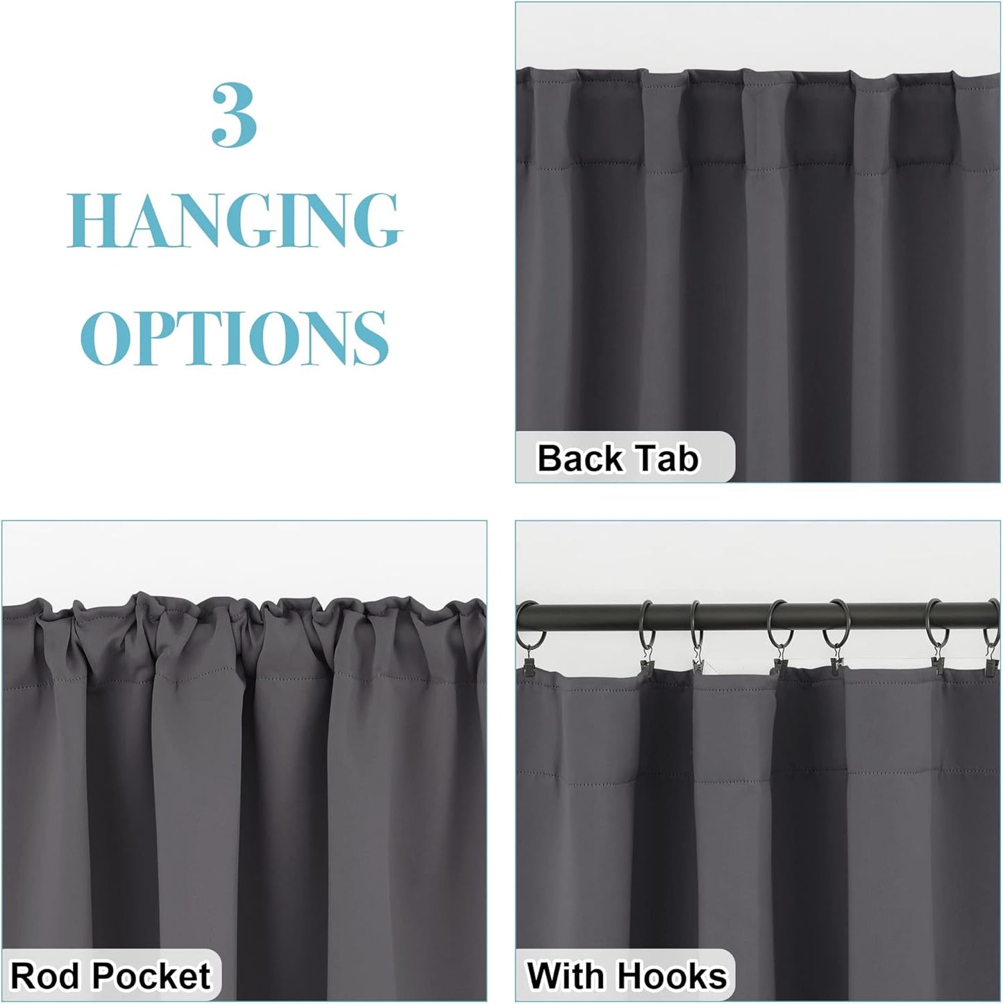 RYB HOME Blackout Curtains for Living Room, Back Tab & Rod Pocket Top Insulating Window Decor for Bedroom Dining Classroom Home Office, W 62 x L 63, Grey, 2 Panels
