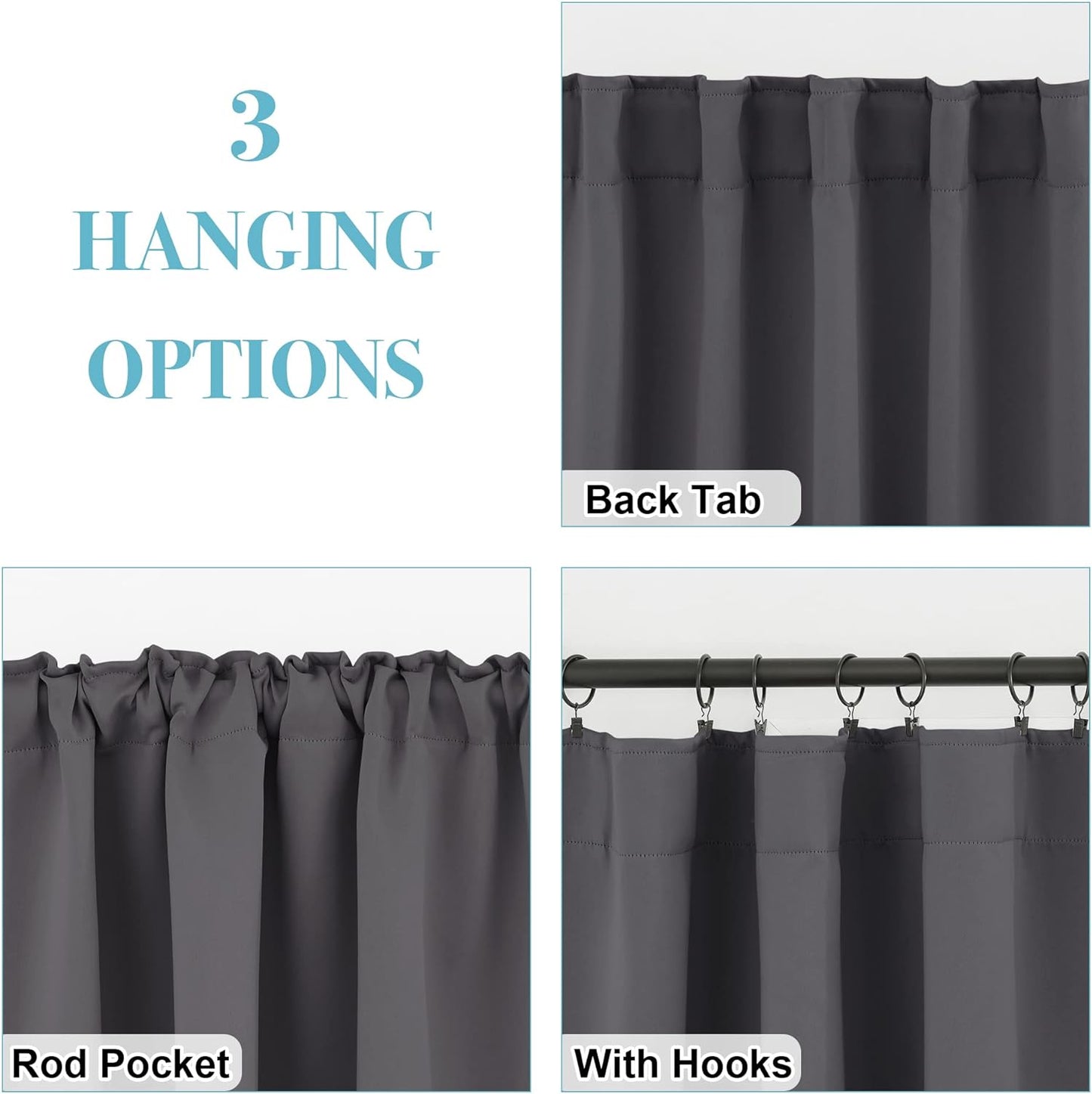 RYB HOME Blackout Curtains for Kitchen, Room Darkening Half Window Treatment Energy Saving Privacy Valances Tiers for Bedroom Bathroom Dining Room, Grey, W42 x L36 inch, 2 Panels