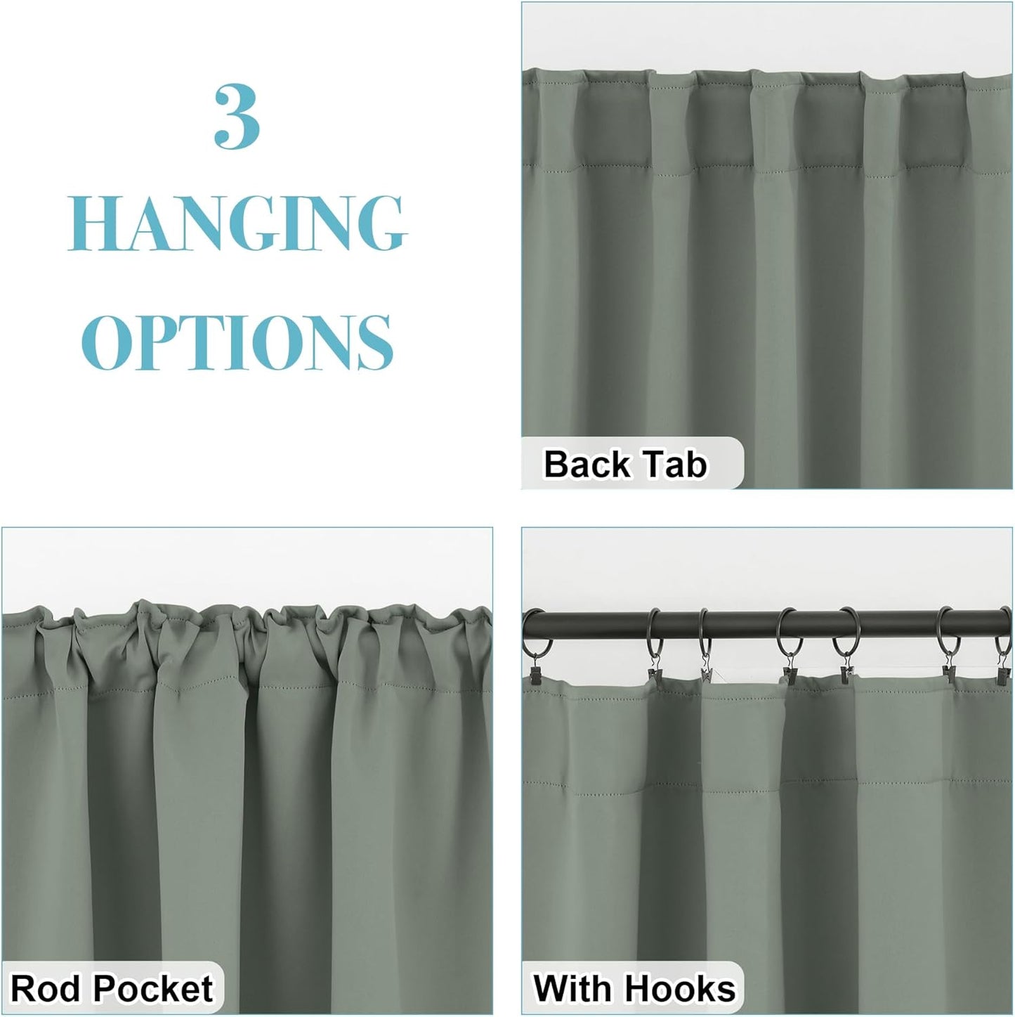 RYB HOME Short Curtains for Bedroom Kitchen, Vertical Room Darkening Drapes Thermal Insulated, Sage Green Curtains for Small Window Classroom Office, W42 x L30 Inches, 2 Panels