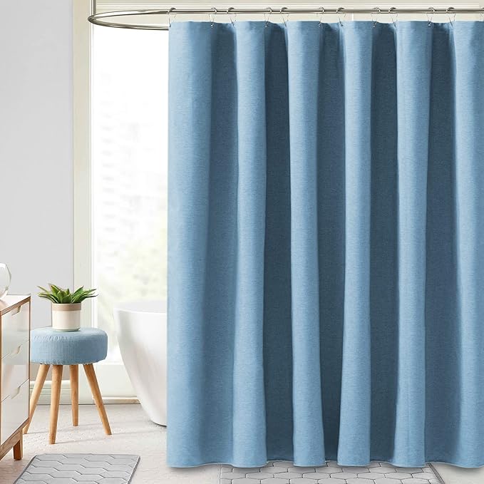 BTTN Blue Extra Long Shower Curtain, 72x96 Inch Long Linen Textured Heavy Duty Fabric Shower Curtain Set with 12 Hooks, Tall Simple Neutral Waterproof Cloth Shower Curtain for Bathroom, Moonlight Blue