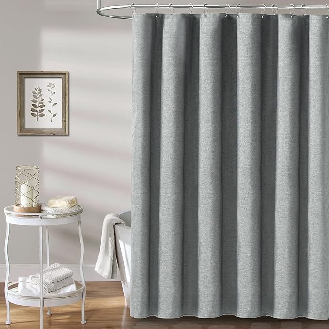 BTTN Extra Long Fabric Shower Curtain - 180x72 Inch Linen Textured Heavy Duty Tall Cloth Shower Curtain Set with 32 Plastic Hooks, Large Hotel Luxury Polyester Shower Curtains for Bathroom, Gray/Grey