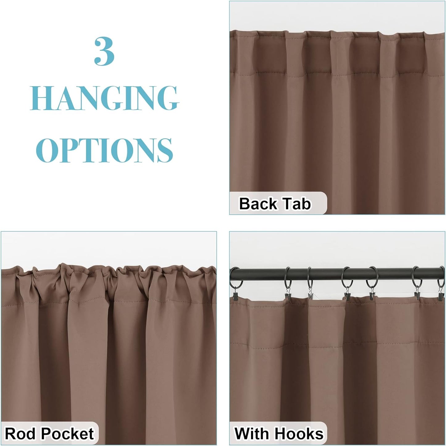 RYB HOME Short Curtains for Kitchen, Blackout Thermal Insulated Window Drapes Back Tabs Room Darkening Half Window Curtains for Studio Dorm Loft, Mocha, W42 x L36 inch, Set of 2 Panels