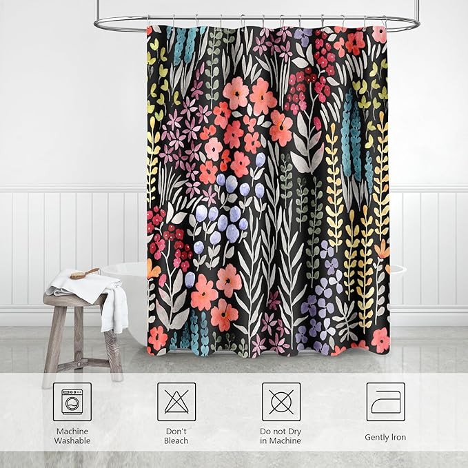 Small Stall Shower Curtain 36 x 72 Inch, Half Narrow Cute Floral Shower Curtain for Bathroom, Colorful Wildflower Boho Cottagecore Fabric Shower Curtain Set with Hooks, Black