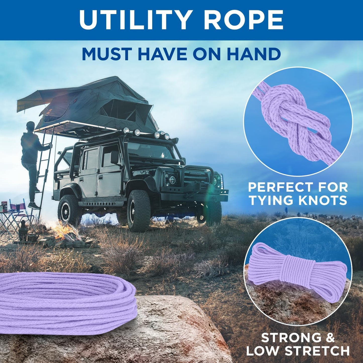 TECEUM Cotton Rope 3/16” (5 mm) – 50 FT – Strong All-Purpose Braided Rope – Natural Cotton – for Crafting, Сamping, Clothes Line, DIY, Indoor & Outdoor Use – Lavander