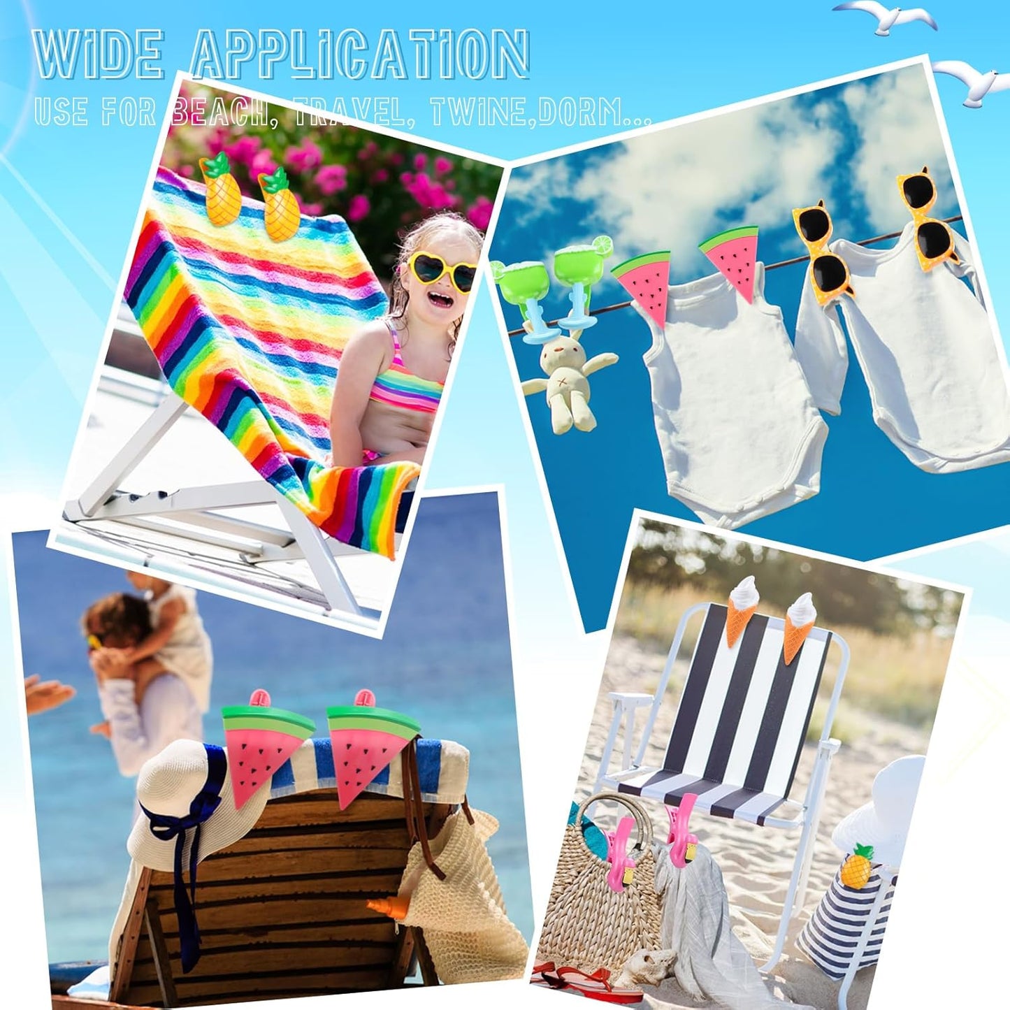 Rtteri 16 Pcs Beach Towel Clips for Beach Chairs Cute Towel Holder Cruise Clothes Pins for Lounge Chair Patio Pool, Assorted Style(Classic)