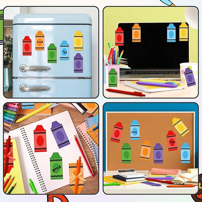 Bright Colors Sticky Notes - 72pcs Cute Crayon-Shaped Super Self Sticky Strong Adhesive Pastel Note Pads Pens Ribbon Set Sticking Power Memo Stick Pads Back to School Supplies Office Products