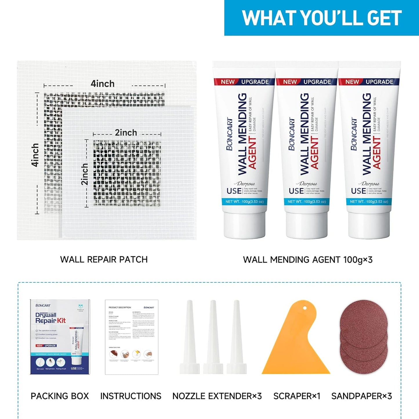 Drywall Repair Kit, Spackle Wall Repair Kit, 3 Pack Wall Mending Agent Putty, Wall Repair Paste Plaster for Wall Crack/Nail Hole, Wall Hole Filler with 2inch 4inch Wall Patch