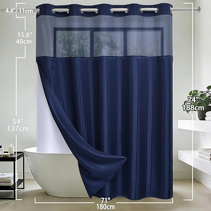 Conbo Mio No Hook Waffle Weave Shower Curtain with Snap in Liner Set, Hotel Luxury Dark Blue Shower Curtains for Bathroom with See Through Top Window, Waterproof, Washable 71W x 74H Stripe