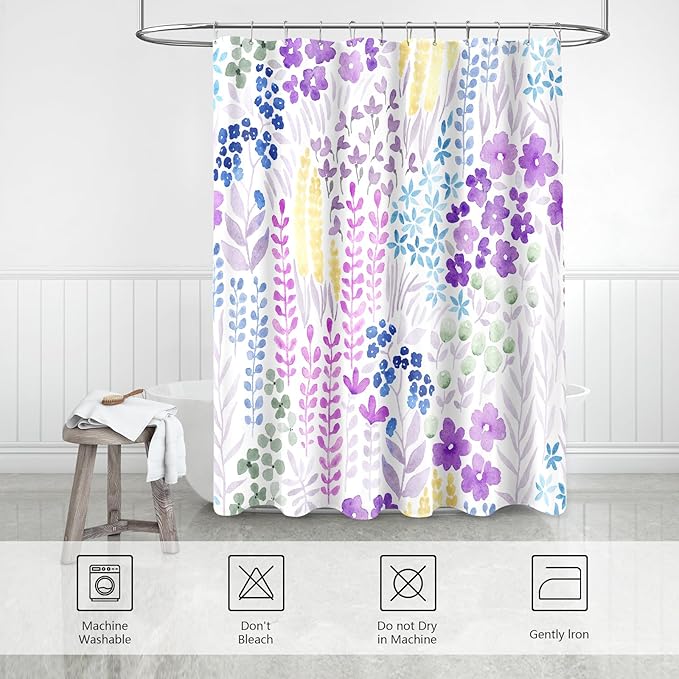 Extra Long Shower Curtain 72 x 96 Inch, Floor to Ceiling X-Long Tall Purple Floral Shower Curtain for Bathroom, Wildflower Boho Cottagecore Fabric Shower Curtain Set with Hooks, Lavender Purple