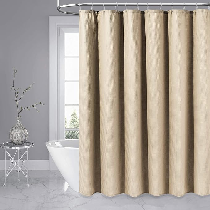 Dynamene 60 inch Stall Shower Curtain - Waffle Weave Heavy Duty Thick Fabric Shower Curtains for Bathroom,Weighted Hotel Spa Luxury Cloth Bath Curtain Set with 10 Plastic Hooks,60x72, Beige/Khaki