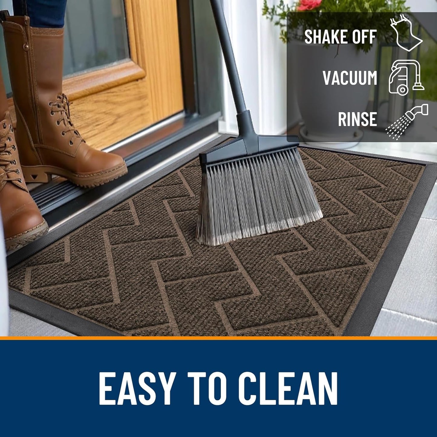 OLANLY Front Door Mat Indoor Outdoor Entrance, Waterproof All-Season, All-Weather Doormat, Sturdy Natural Rubber, Low Profile, Easy Clean Patio Porch Entryway Mat, Herringbone Brick (Brown, 59x35)