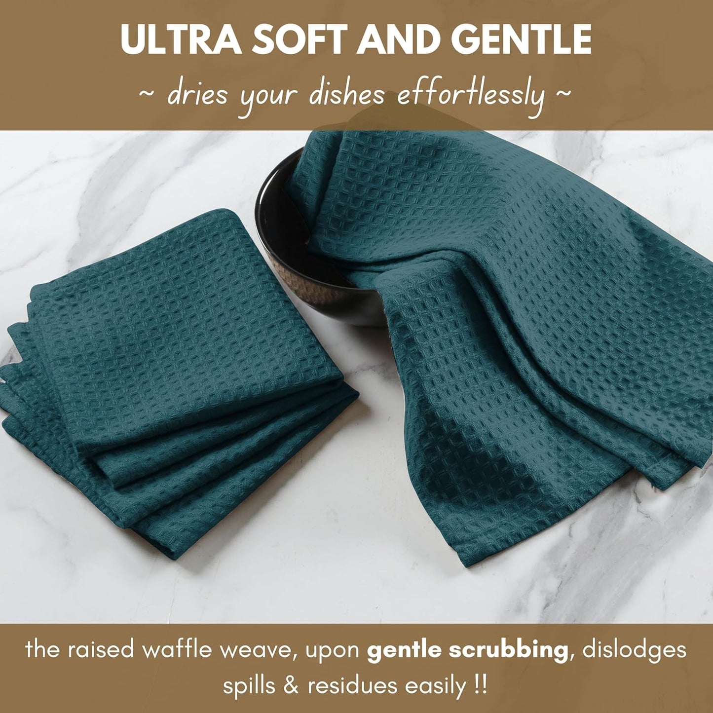 Native Fab Cotton Kitchen Towel with Hanging Loop 16x26 inches, 12-Pack, Waffle Weave Kitchen Towels for Cleaning Drying, Washcloths Soft & Absorbent Cloth Rags, Bar Towel, Dish Cloth, Teal Green