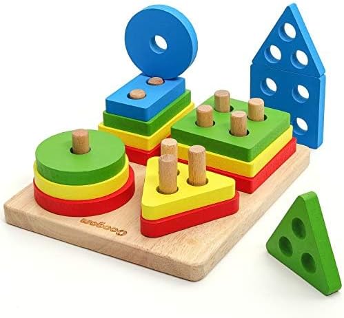 Coogam Wooden Sorting Stacking Montessori Toys, Shape Color Recognition Blocks Matching Puzzle, Fine Motor Skill Educational Preschool Learning Board Game Gift for Kids