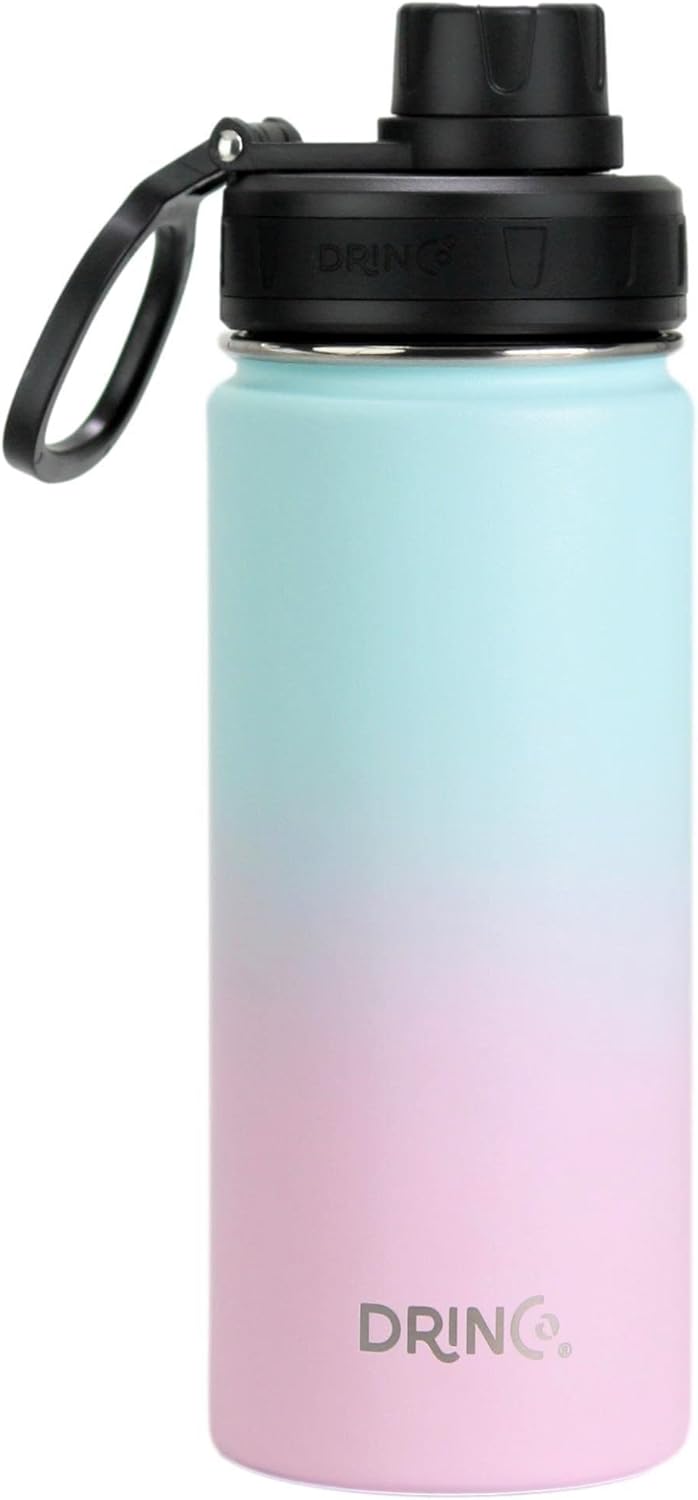 DRINCO Stainless Steel Water Bottle Spout Lid Vacuum Insulated Double Wall Water Bottle Wide Mouth (40oz 32oz 22oz 18oz 14oz) Leak Proof Keeps Cold or Hot (18 oz, 18oz Macaron)