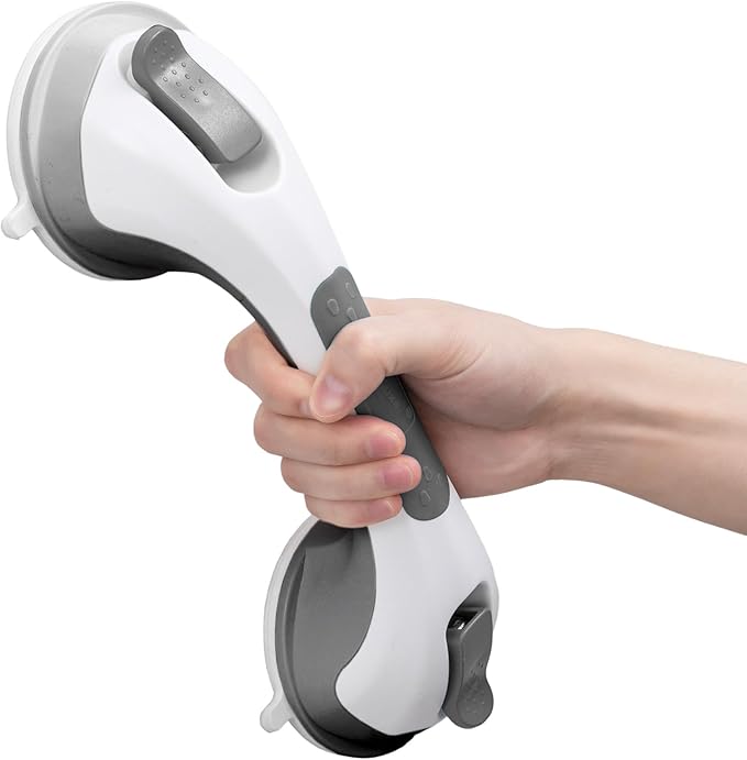 LEVERLOC Shower Grab Bar, 12 Inch Suction Grab Bars for Bathtubs, Shower Handle Handrail for Seniors Bathroom Safety Grip for Elderly, Heavy Duty No Drilling Removable,Grey