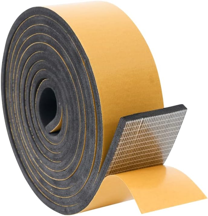 High Density Foam Weather Stripping Door Seal Strip Insulation Tape Roll for Insulating Door Frame, Window, Air Conditioner | Self Adhesive Sealing Weatherstrip (2 in x 1/16 in x 10 Ft, Black)