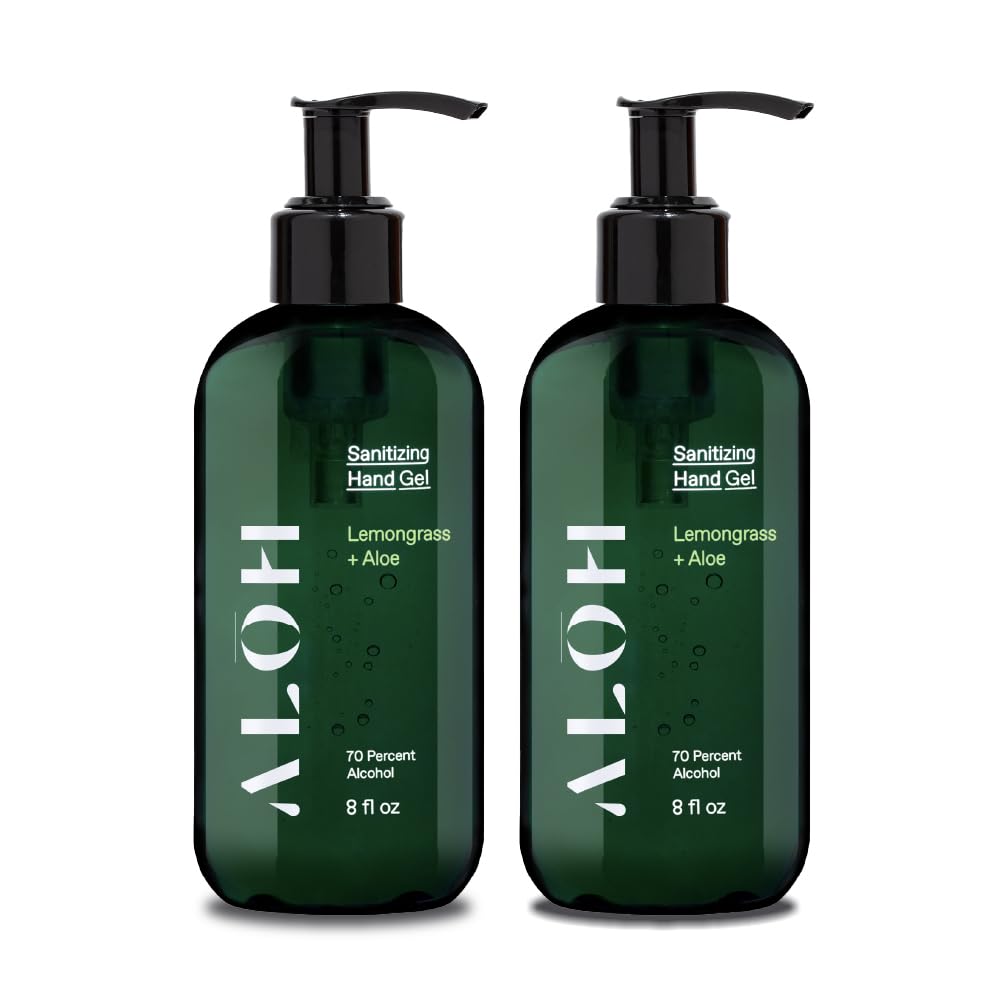ALŌH Sanitizing Hand Gel 2-pack | Lemongrass + Aloe | 70% Alcohol Hydrating Hand Sanitizer Gel with Essential Oil, for Kids & Adults | 8oz Size Bottle (Set of 2)