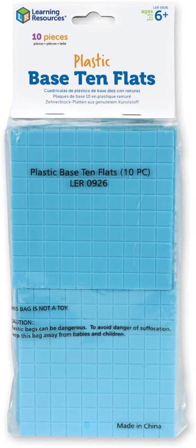 Learning Resources Plastic Base Ten Flats, Early Math, Counting, Place Value, Homeschool, 10 Pieces, Ages 6+