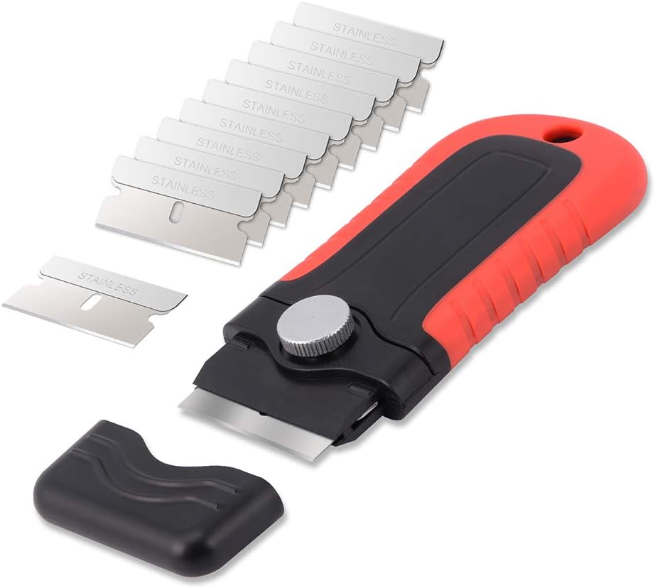 Gomake Razor Blade Scraper Tool with Blade Storage Container, Glass Cooktop Stove Scraper with 10PCS Stainless Steel Blades for Glass Clean,Paint,Old Label,Decal Sticker,Adhesive Remover