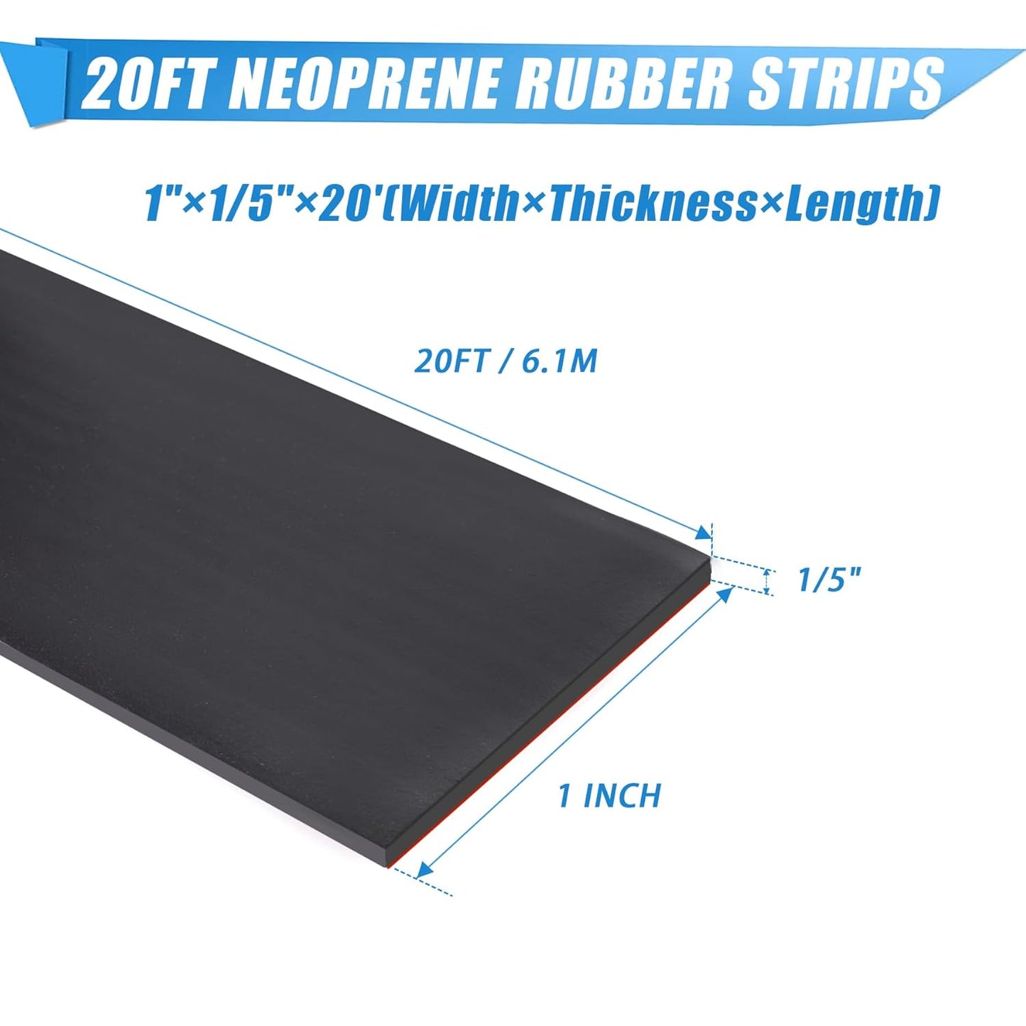 Adhesive Rubber Strips Neoprene Rubber Sheets, Rolls & Strips with Adhesive Backing Rubber Pads Self Stick Seal Rubber Gasket Adhesive Back for Matting Padding - 1" Wide x 1/5" Thick x 20' Long