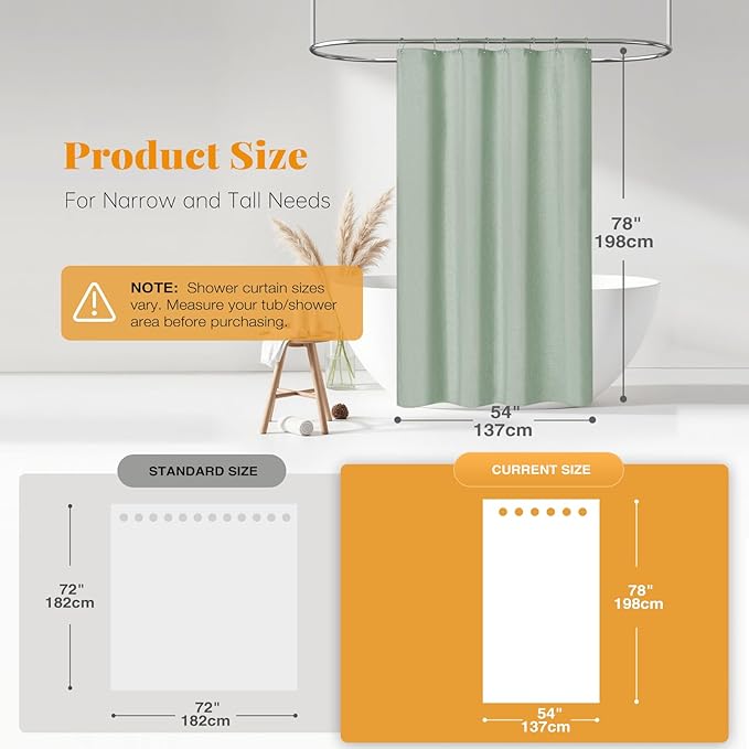 BTTN Stall Fabric Shower Curtain, 54x78 Inch Long Linen Textured Heavy Duty Thick Shower Curtain Set with 10 Plastic Hooks, Hotel Spa Weighted Waterproof Neutral Bath Curtains for Bathroom, Sage Green