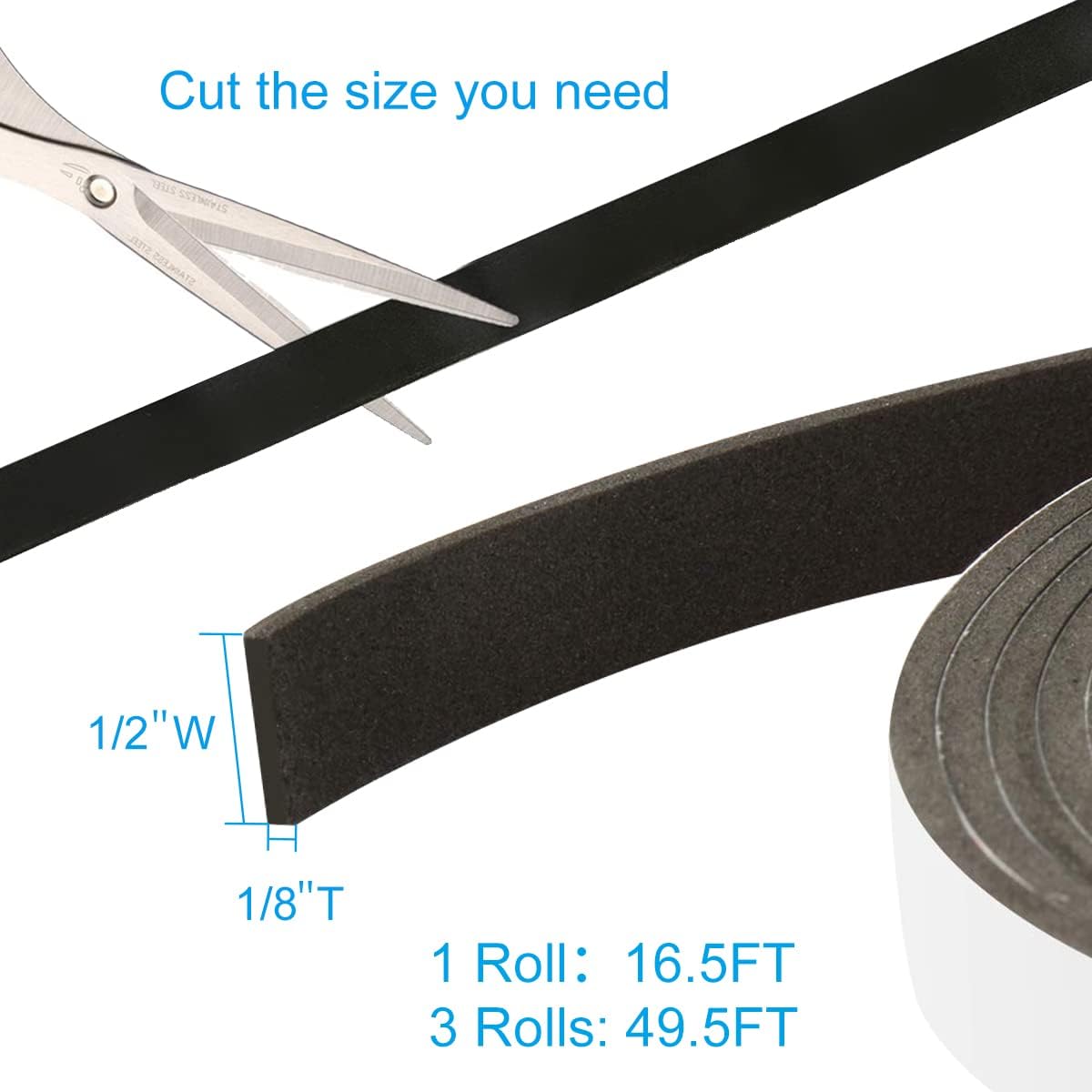 Seal Foam Tape,1/2 Inch W x 1/8 Inch T Weather Stripping for Door and Window,High Density Single Sided Closed Cell Door Insulation Weather Strip, 3 Rolls Total 50FT Black